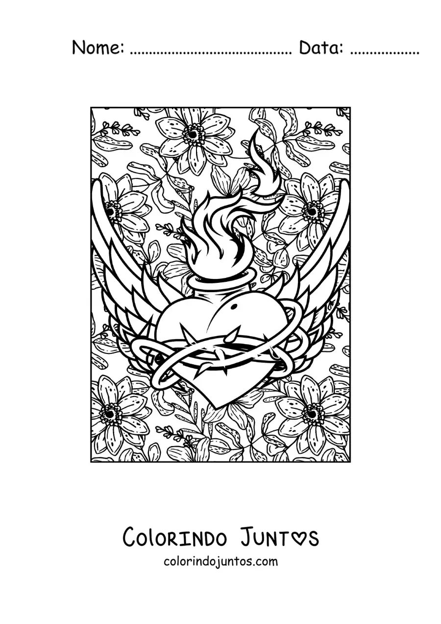 Desenho para colorir de coração em chamas com asas