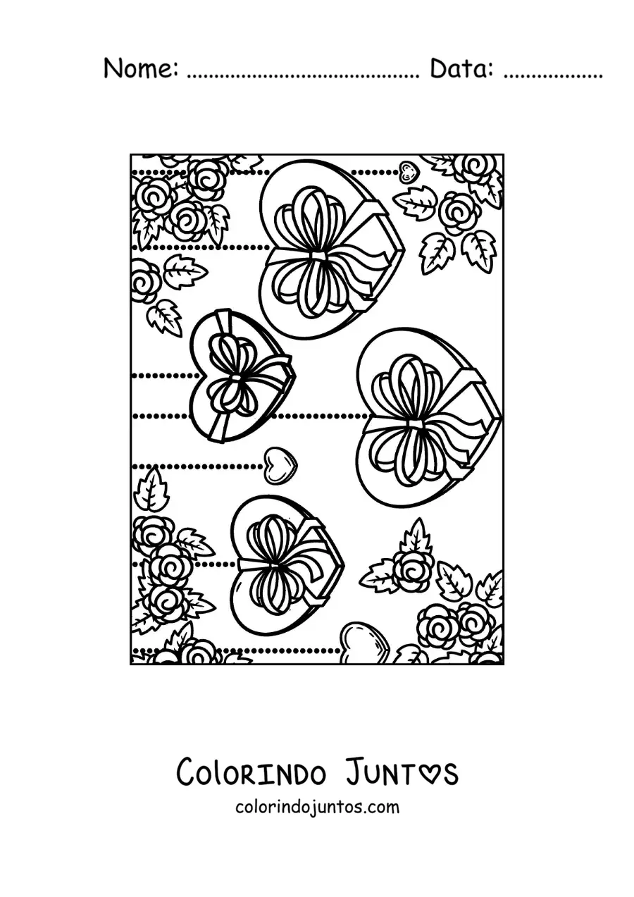 Desenho para colorir de corações pendurados decorados com flores