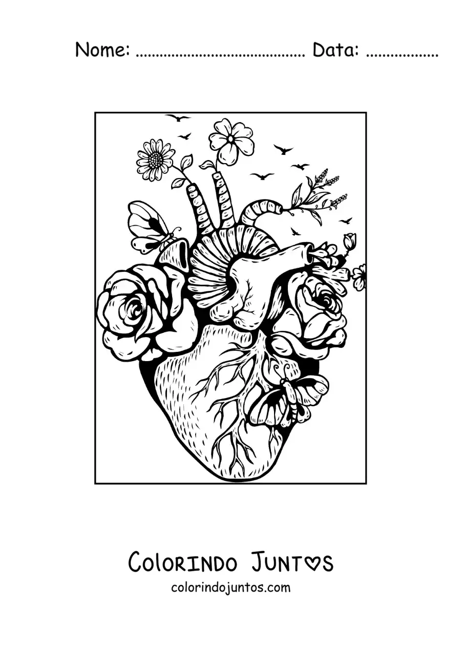 Desenho para colorir de coração realista com flores