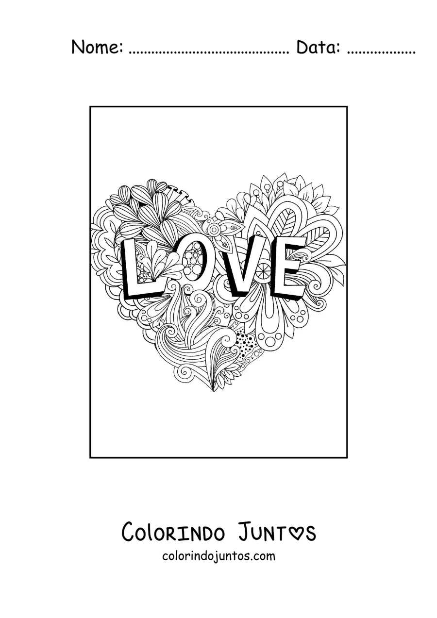Desenho para colorir de mandala de coração com letras que dizem love
