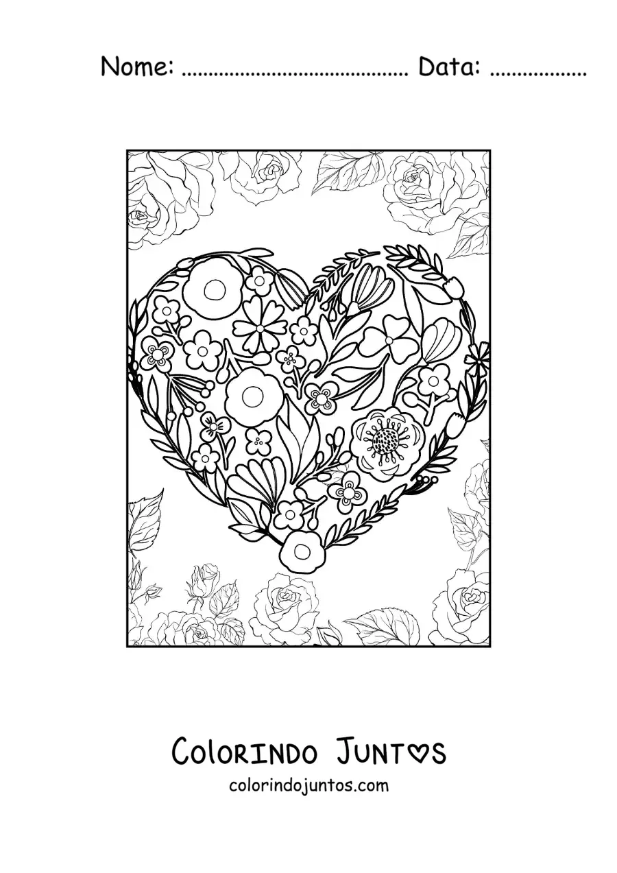 Desenho para colorir de coração feito de flores