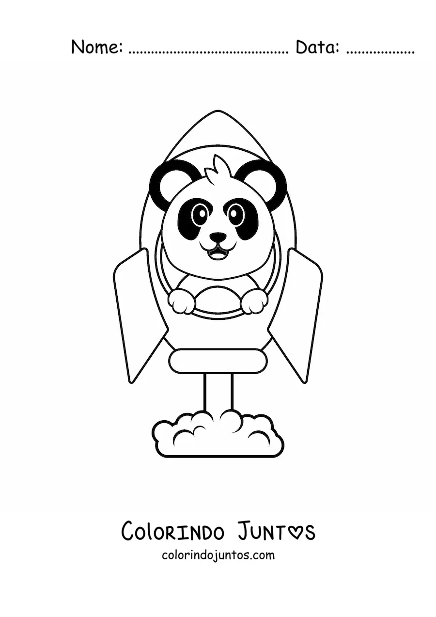 Desenho para colorir de um panda animado dentro de um foguete