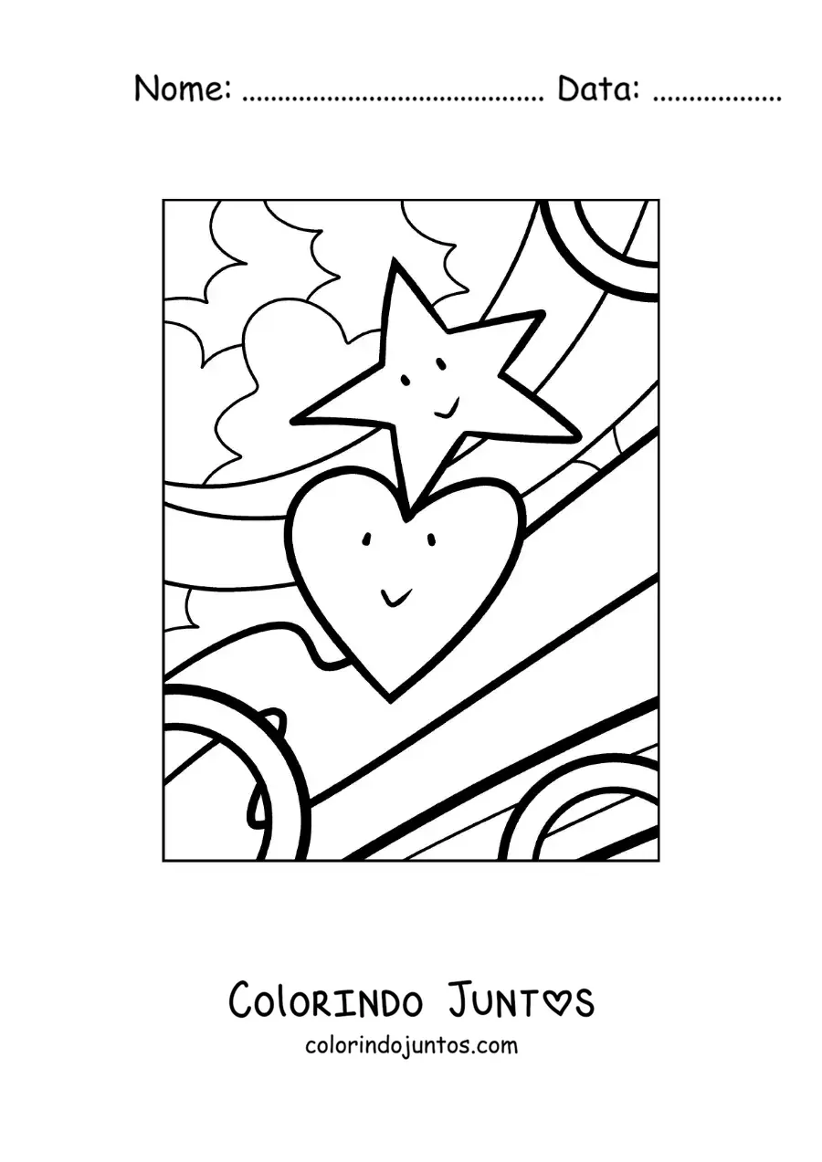 Desenho para colorir de coração animado junto a uma estrela
