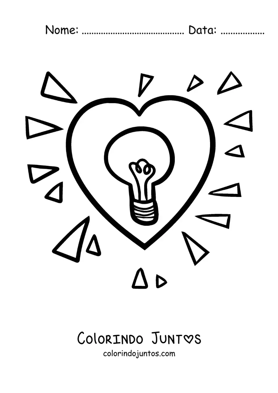 Desenho para colorir de coração grande iluminado com uma lâmpada