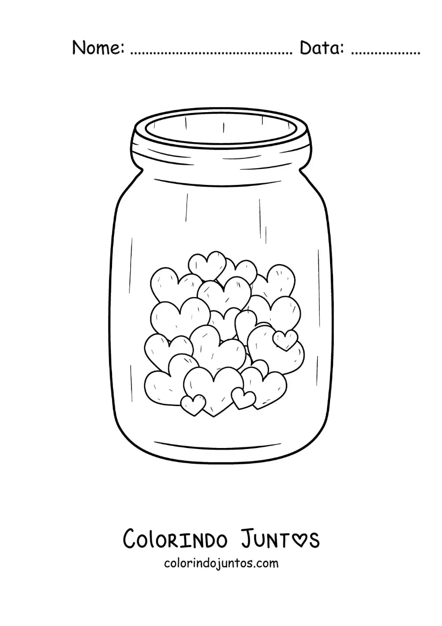 Desenho para colorir de pote de vidro cheio de corações pequenos