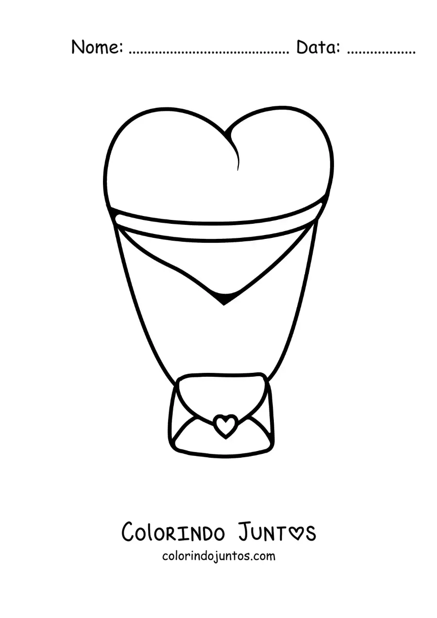 Desenho para colorir de balão em forma de coração amarrado a uma carta de amor