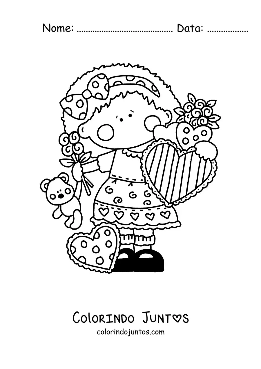Desenho para colorir de menina com rosas e corações de dia dos namorados