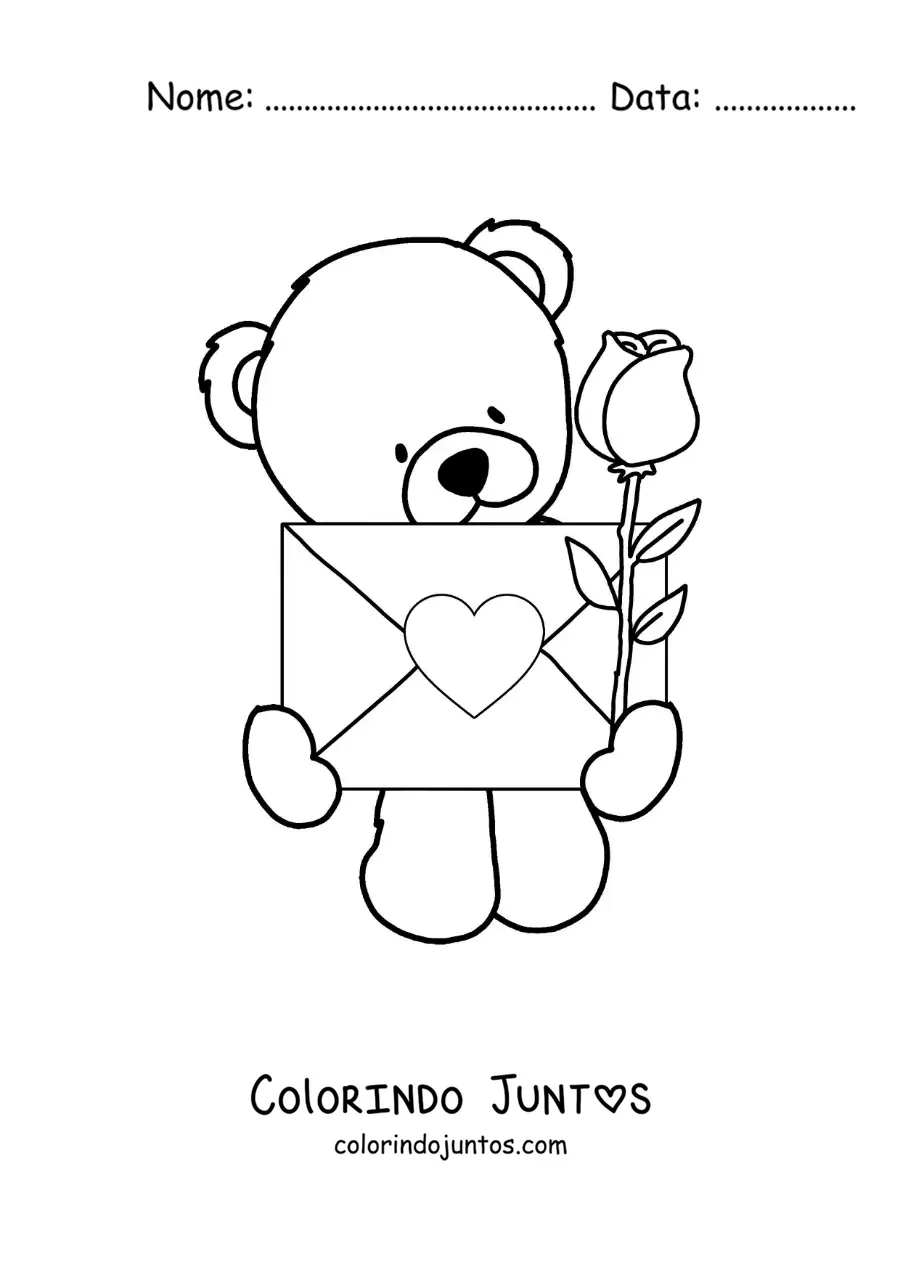 Desenho para colorir de urso animado com rosas e uma carta de amor