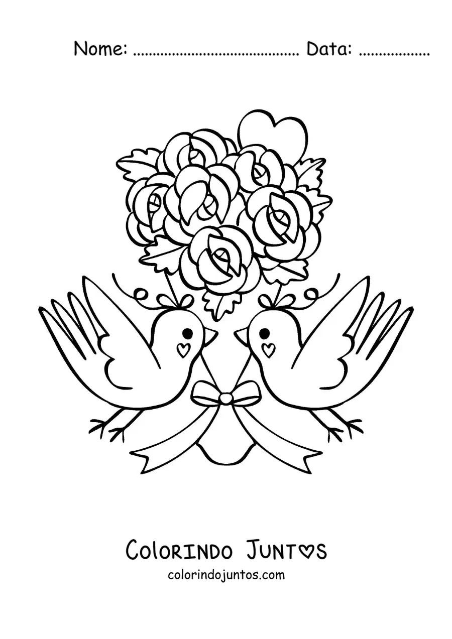 Desenho para colorir de lindo buquê de rosas com pássaros e um coração