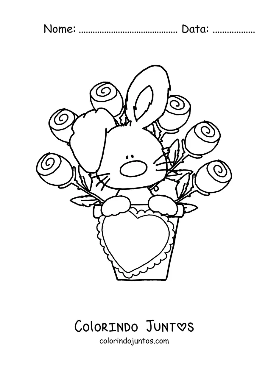 Desenho para colorir de coelhinho fofo animado com um buquê de rosas e um coração