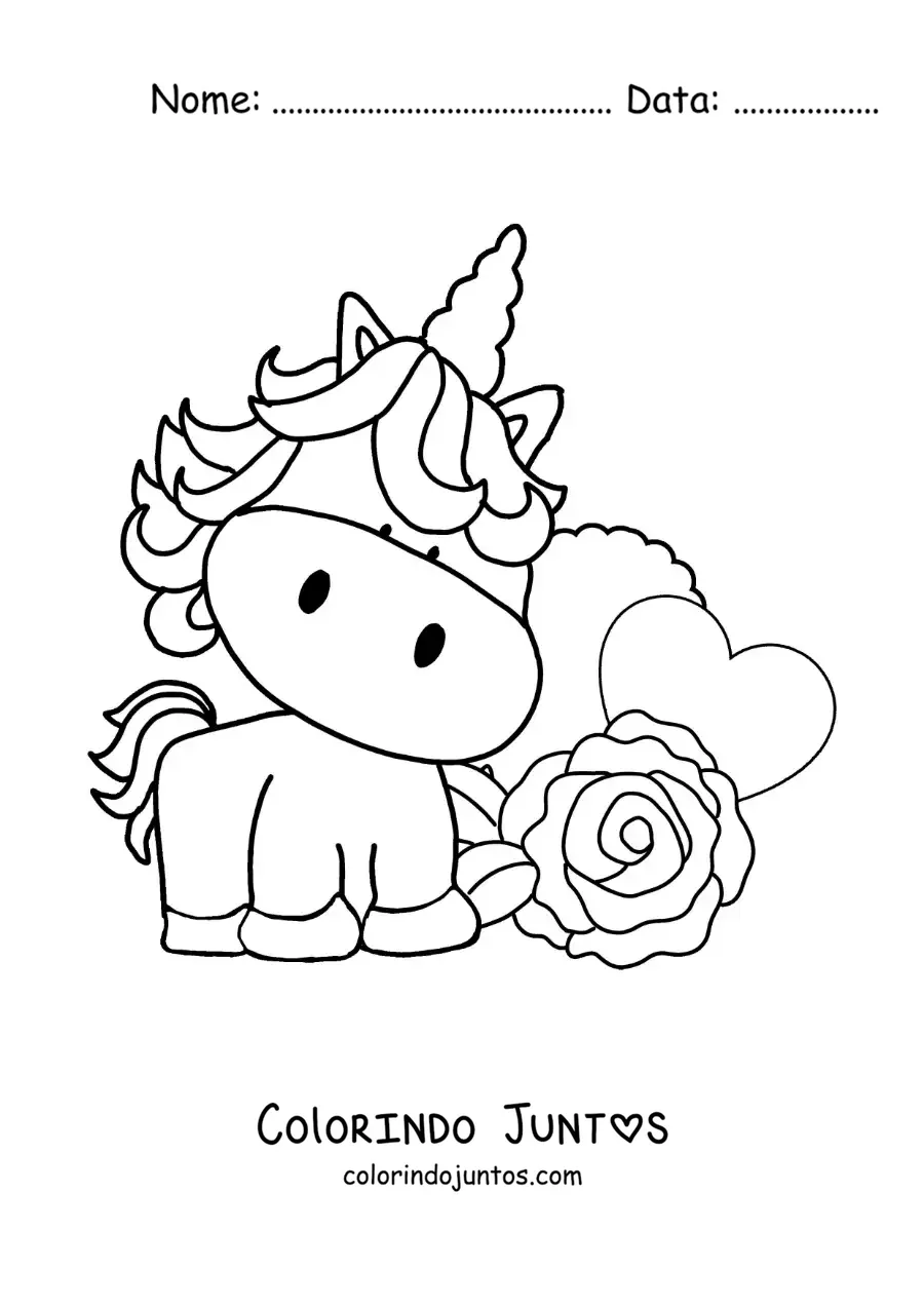 Desenho para colorir de lindo unicórnio animado com uma rosa e um coração
