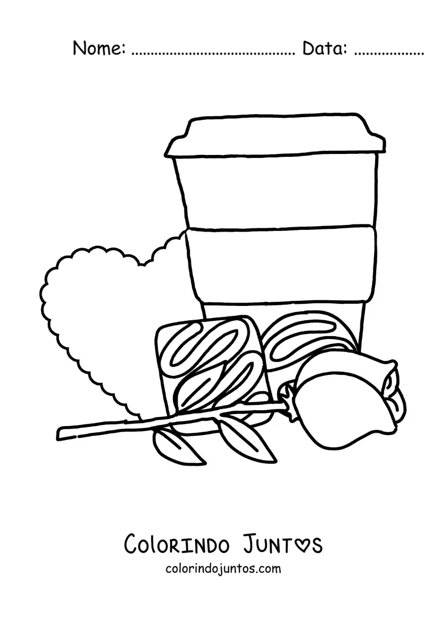 Desenho para colorir de copo de café com bombons, uma rosa e um coração