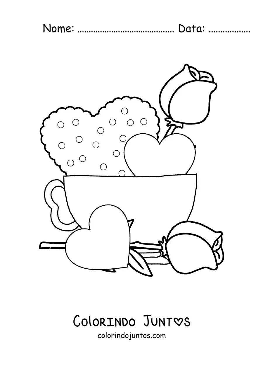 Desenho para colorir de xícara de café com corações e rosas