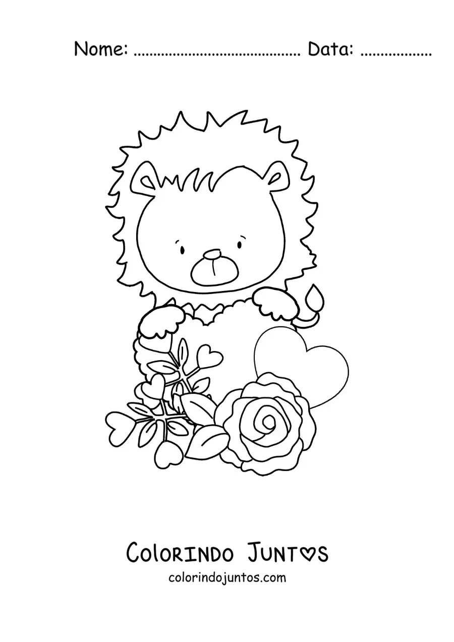 Desenho para colorir de leão animado com rosas e corações de dia dos namorados