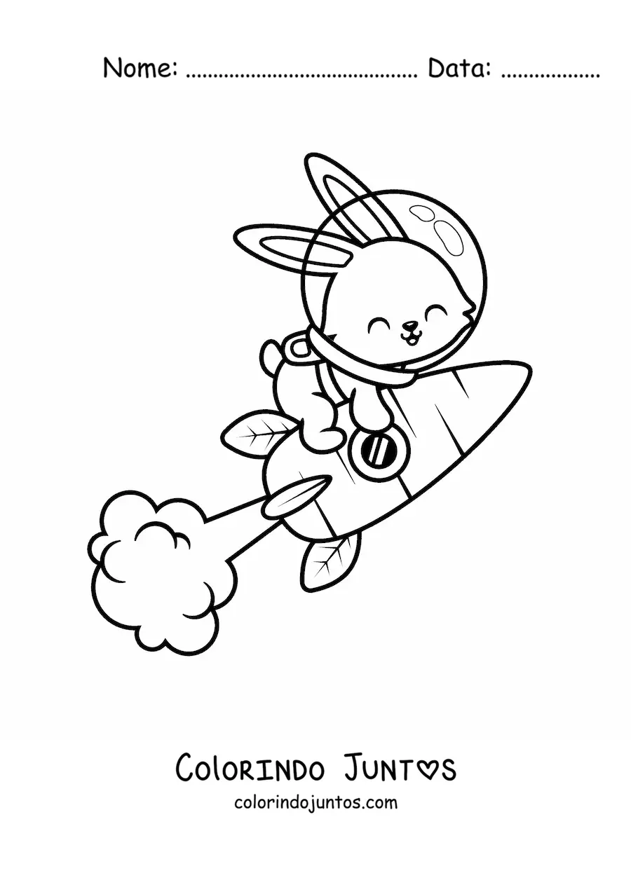 Desenho para colorir de um coelho animado em um foguete de cenoura