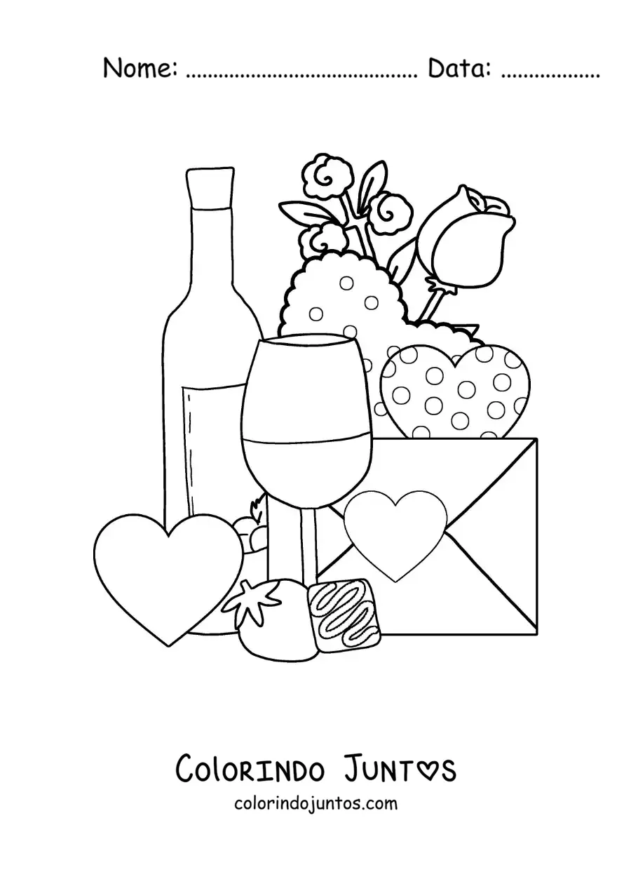 Desenho para colorir de garrafa de vinho com corações, rosas e uma carta de amor