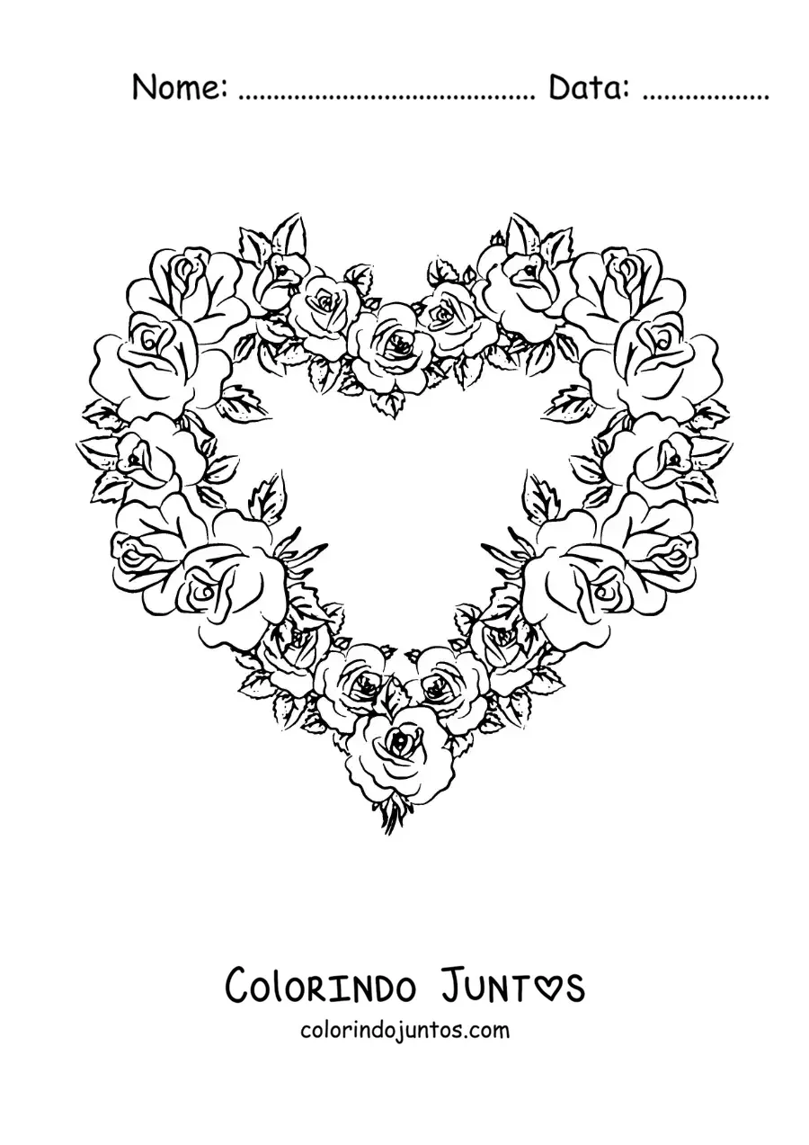 Desenho para colorir de arranjo de rosas em forma de coração