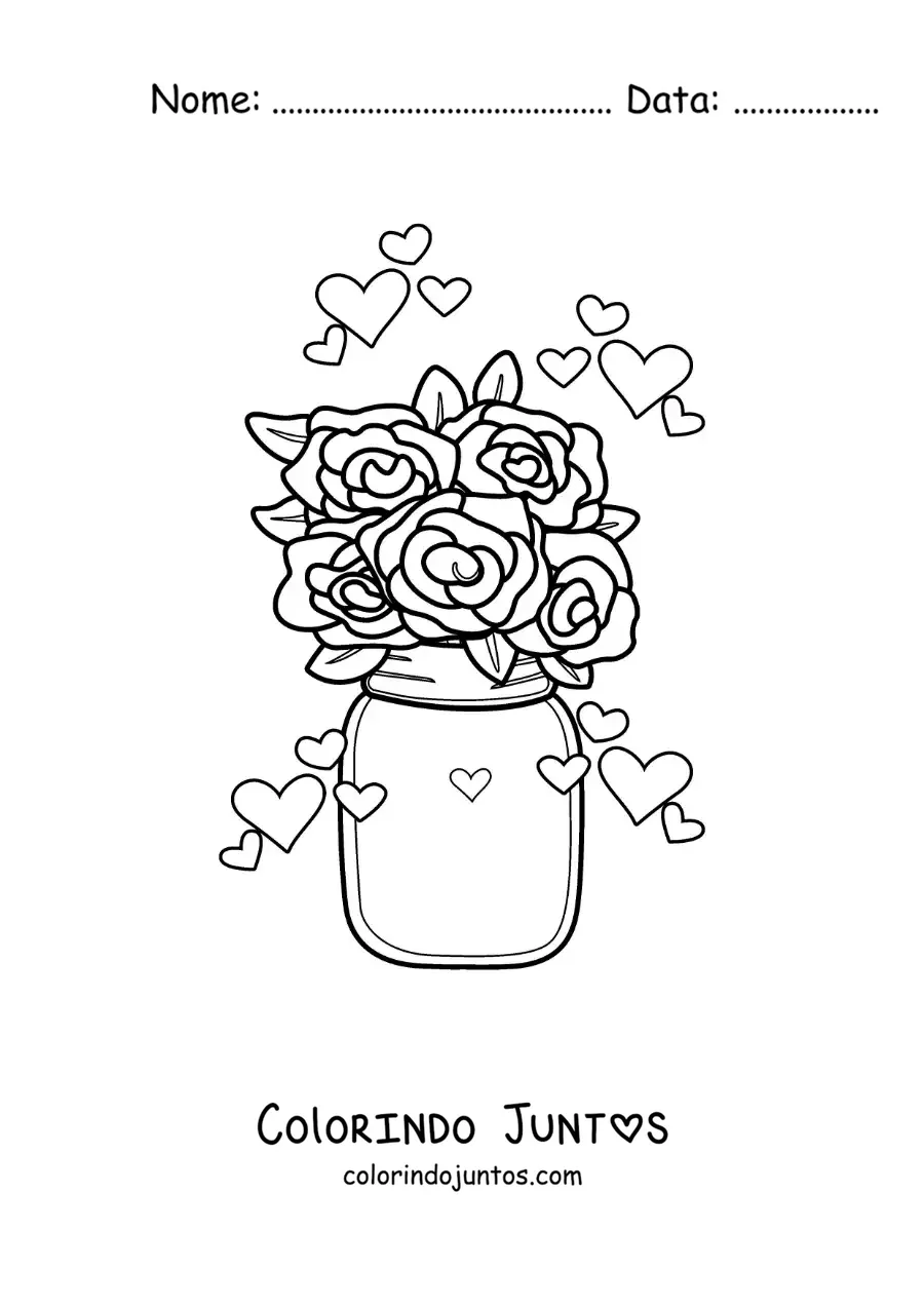 Desenho para colorir de buquê de rosas em um vaso com corações