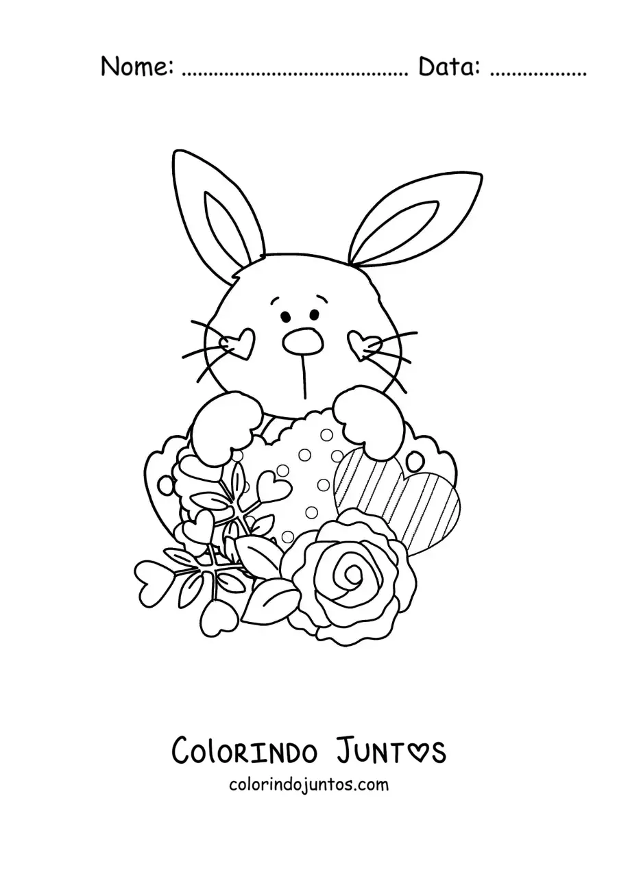 Desenho para colorir de lindo coelhinho animado com rosas e corações