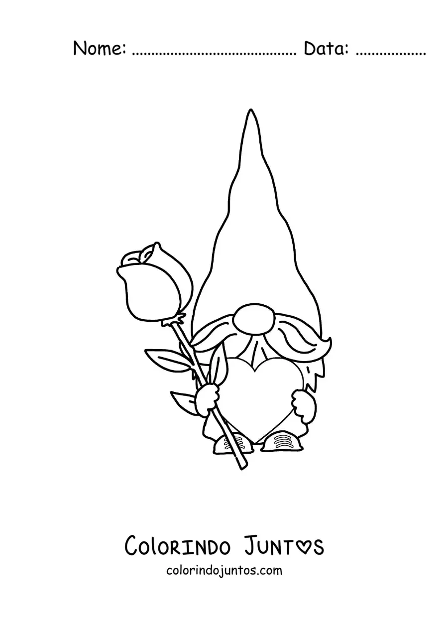 Desenho para colorir de gnomo animado com uma rosa e um coração
