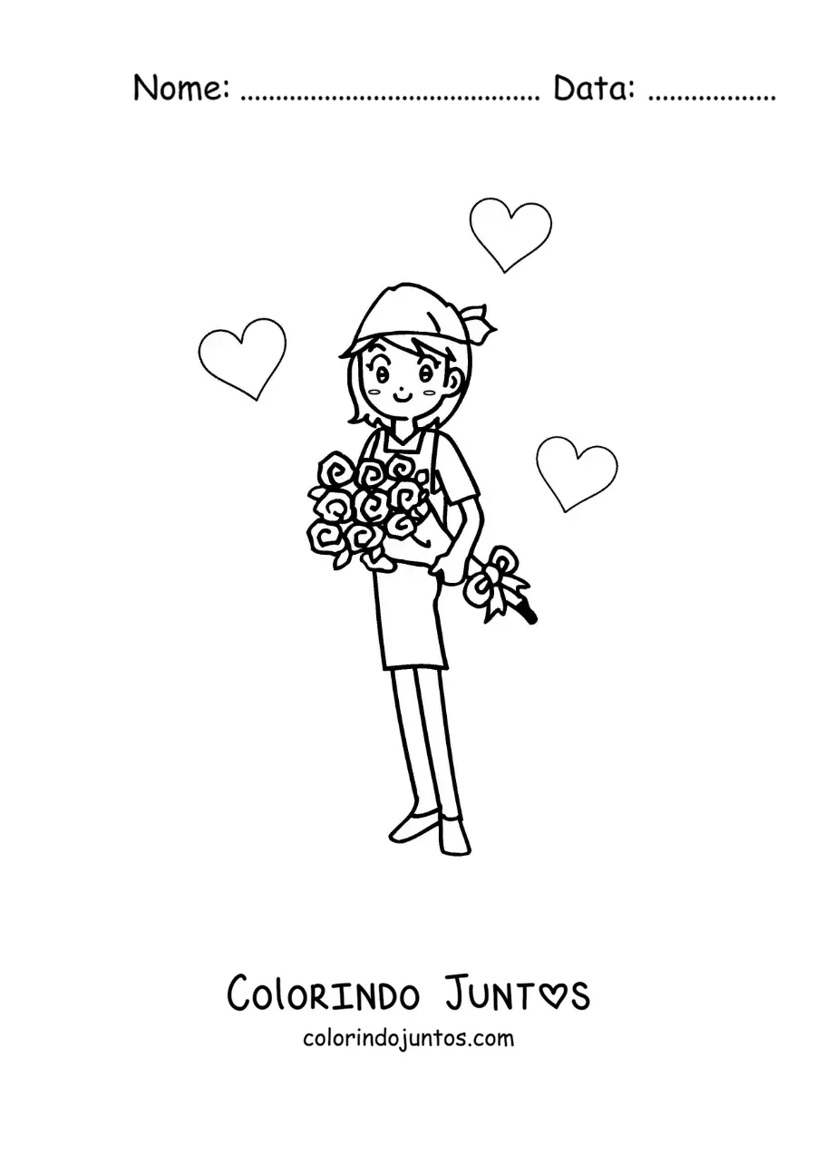 Desenho para colorir de menina com um buquê de rosas e corações ao redor