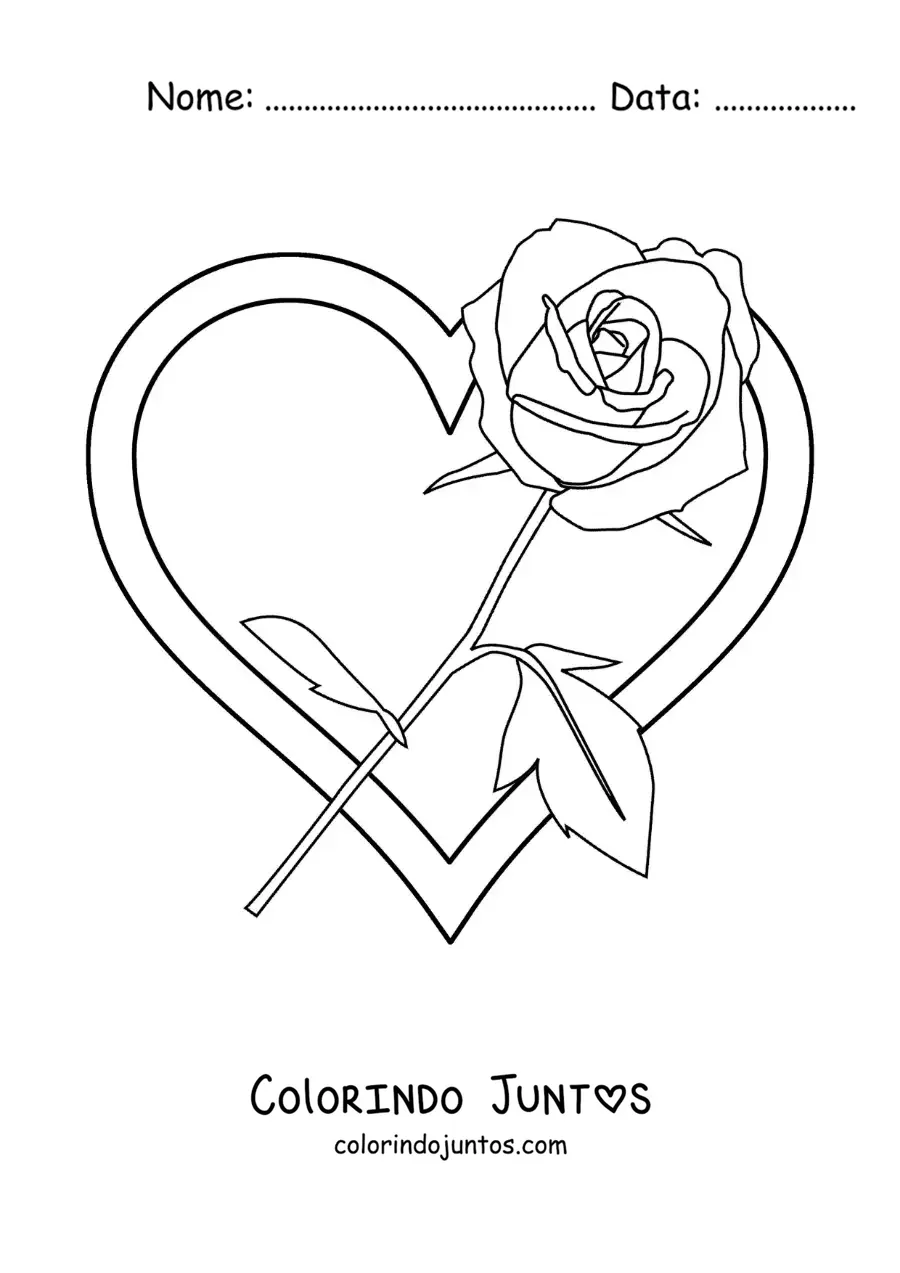Desenho para colorir de coração grande com uma rosa