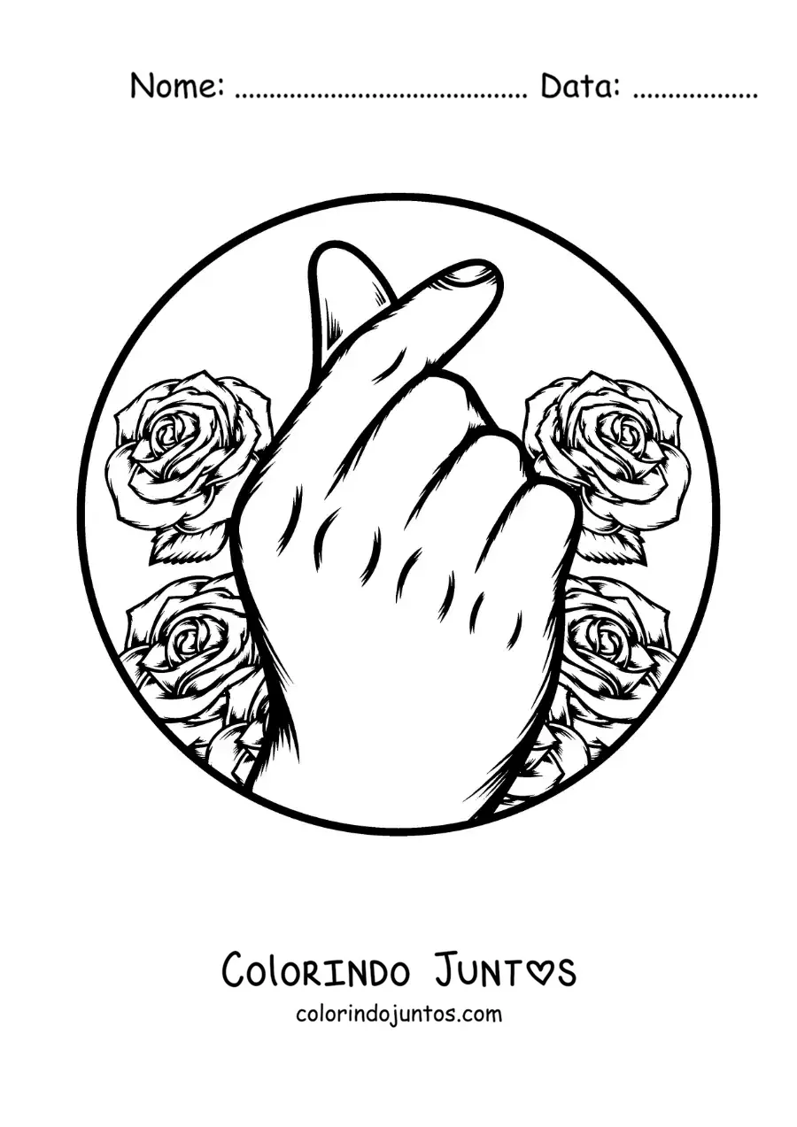 Desenho para colorir de mão fazendo o gesto de coração coreano com rosas