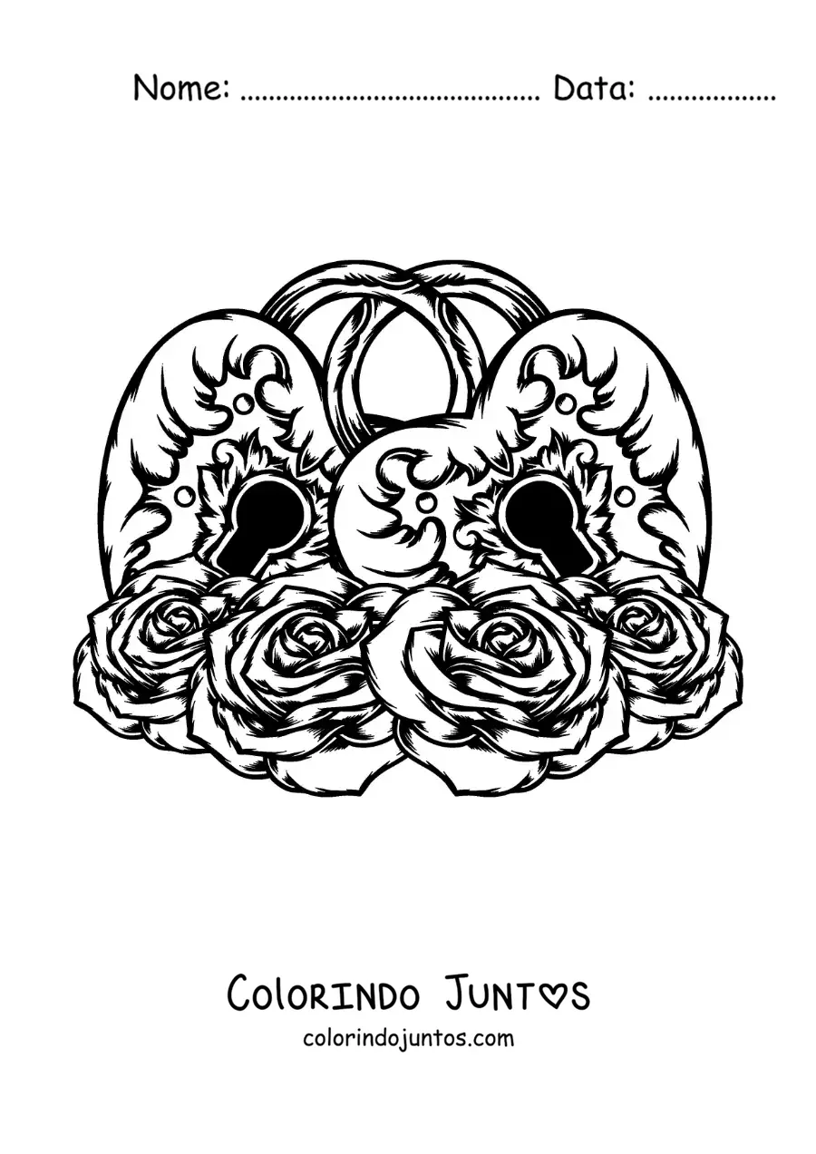 Desenho para colorir de cadeados unidos em forma de coração rodeados de rosas