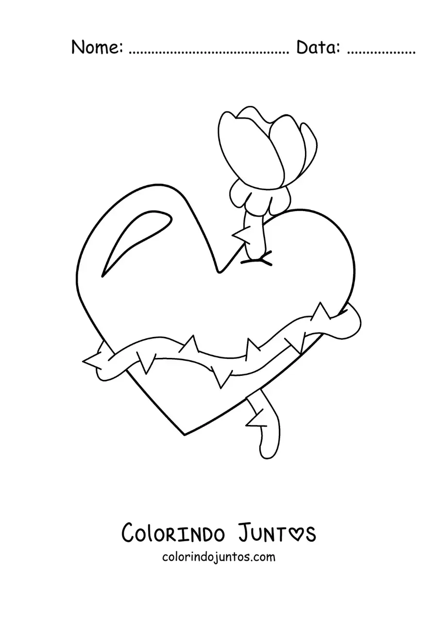 Desenho para colorir de coração rodeado por uma rosa com espinhos