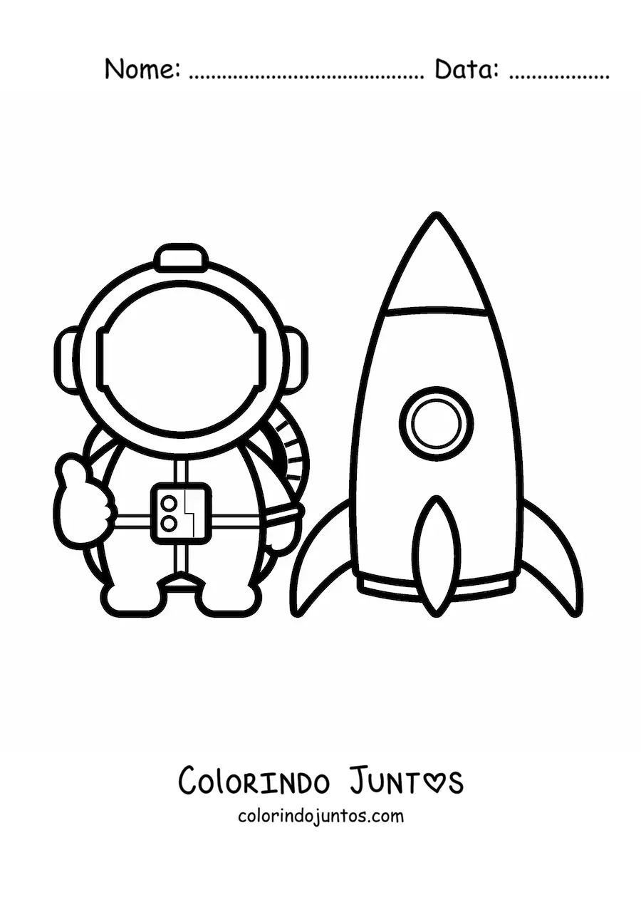 Desenho para colorir de um astronauta animado junto a um foguete espacial