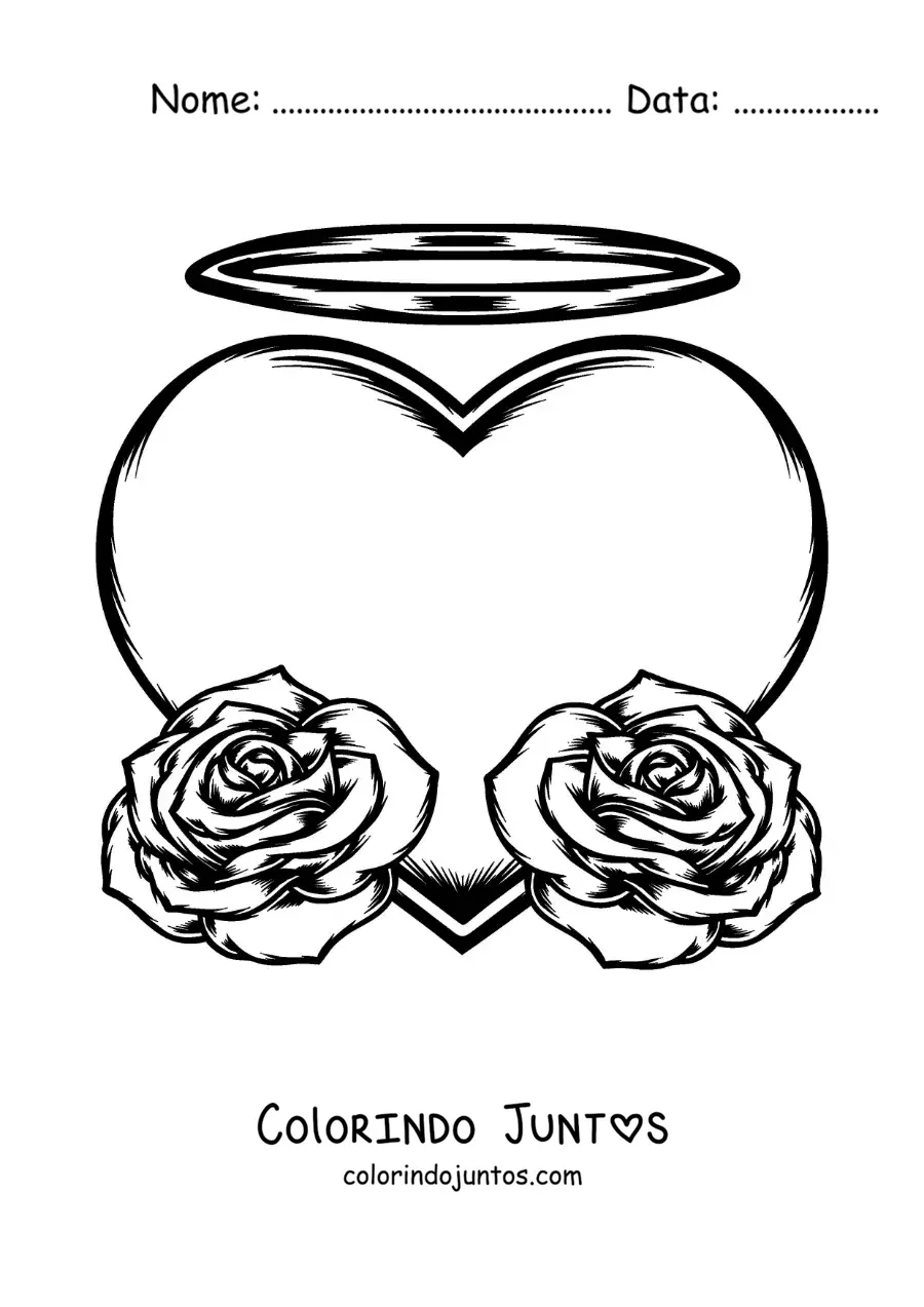 Desenho para colorir de um coração grande com duas rosas