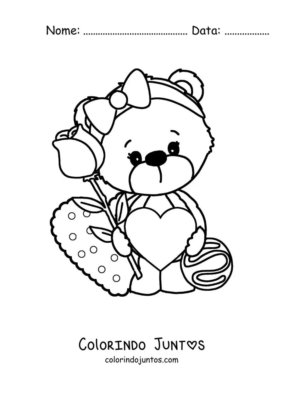 Desenho para colorir de ursinha de pelúcia com corações e uma rosa