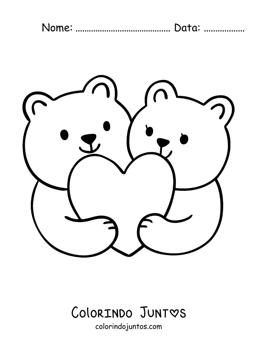 Desenho para colorir de casal de ursos abraçando um coração