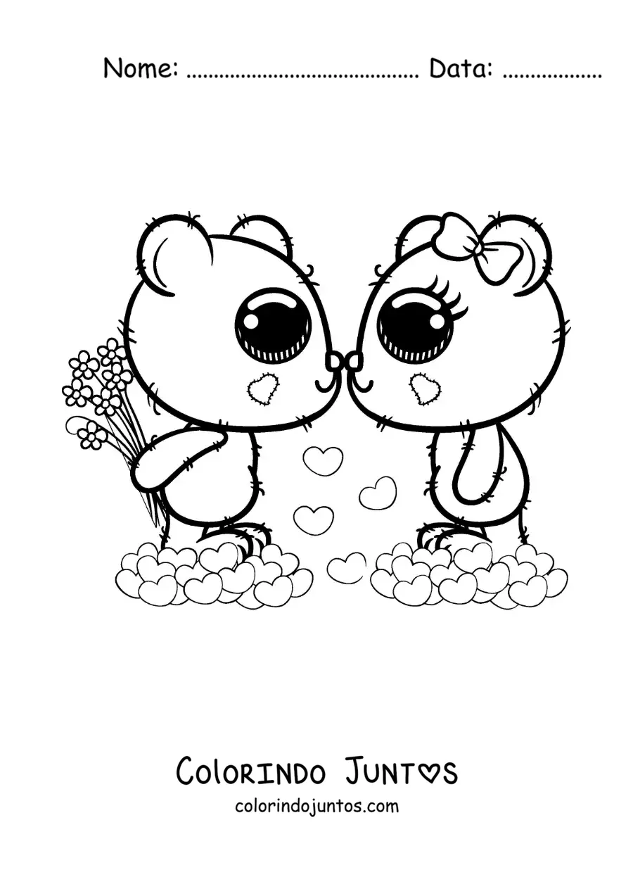 Desenho para colorir de casal de ursos kawaii apaixonados com rosas e corações