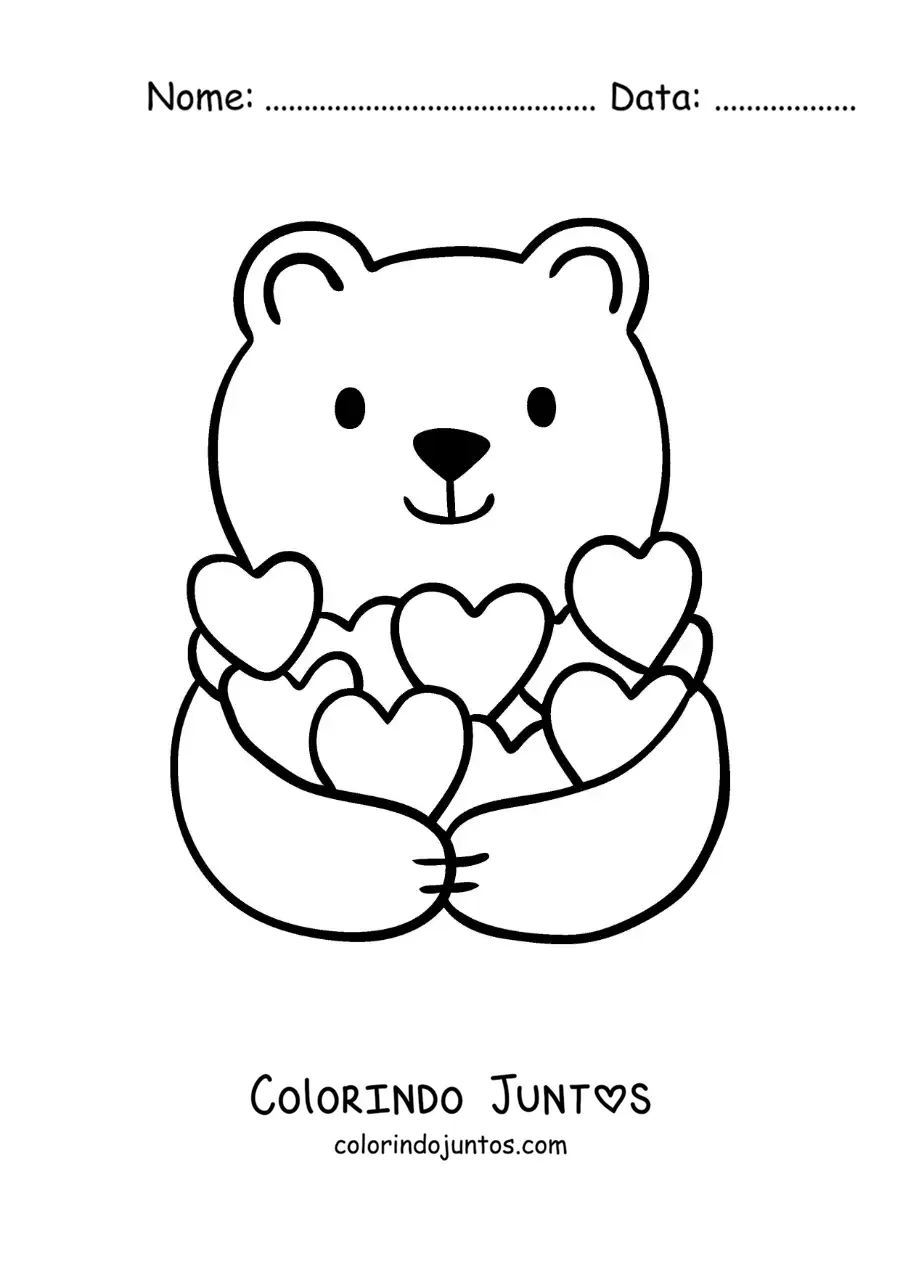 Desenho para colorir de fofo urso com corações