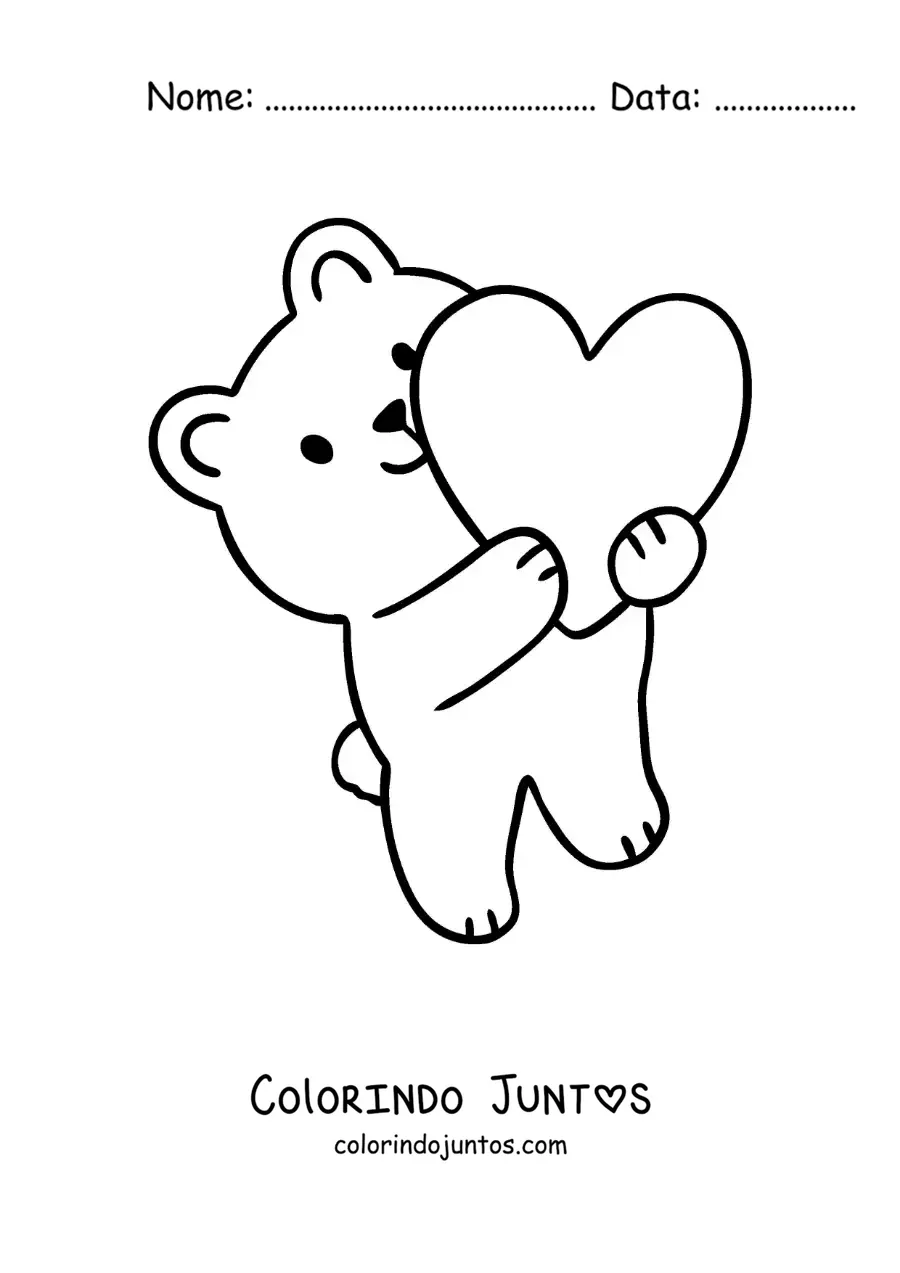 Desenho para colorir de urso animado com um coração grande