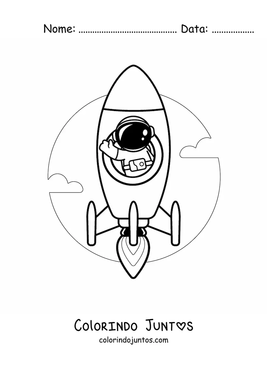 Desenho para colorir de um astronauta acenando de um foguete espacial em voo