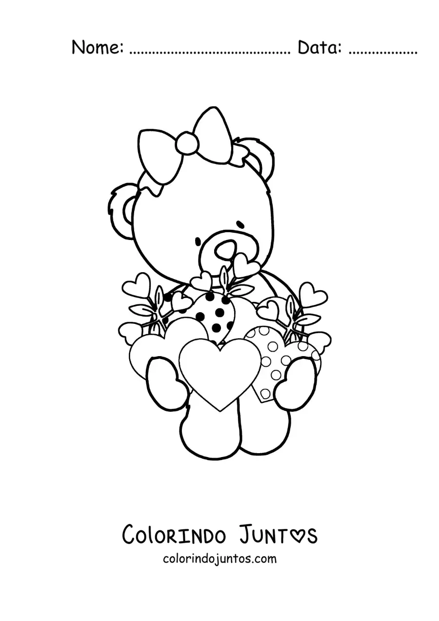 Desenho para colorir de ursinha de pelúcia animada com corações de dia dos namorados