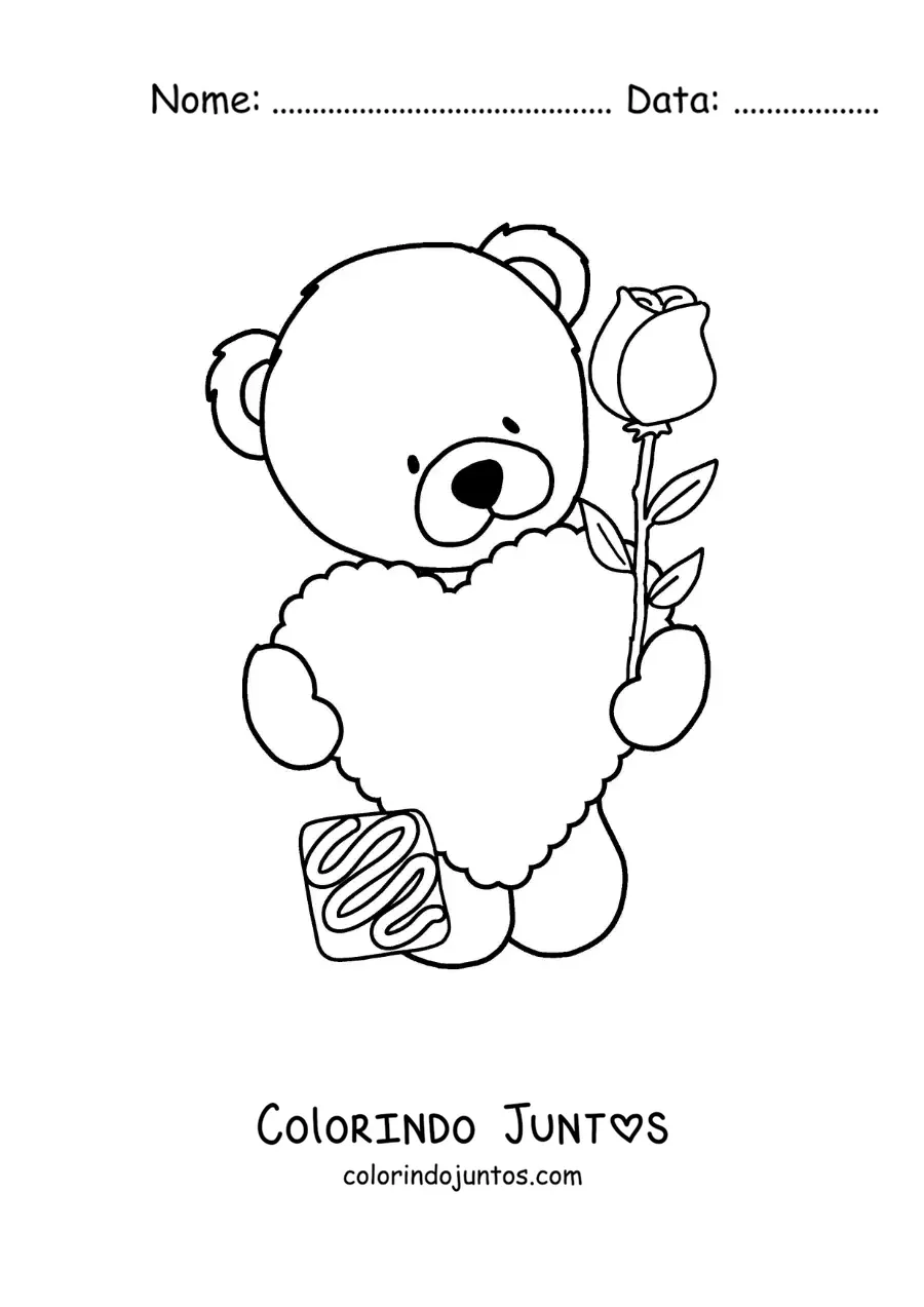 Desenho para colorir de urso de pelúcia com um coração e uma rosa