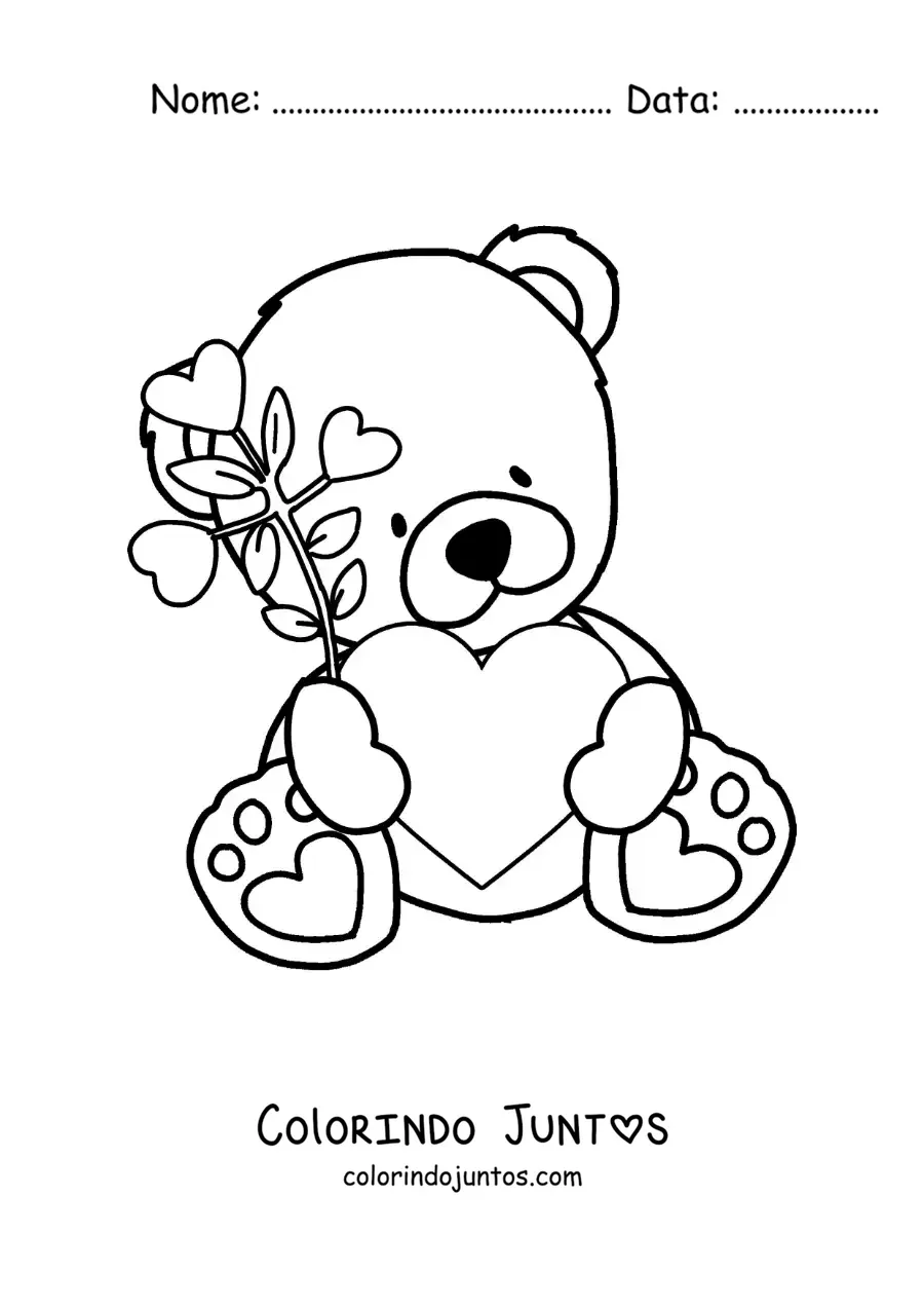 Desenho para colorir de ursinho de pelúcia sentado com flores e um coração