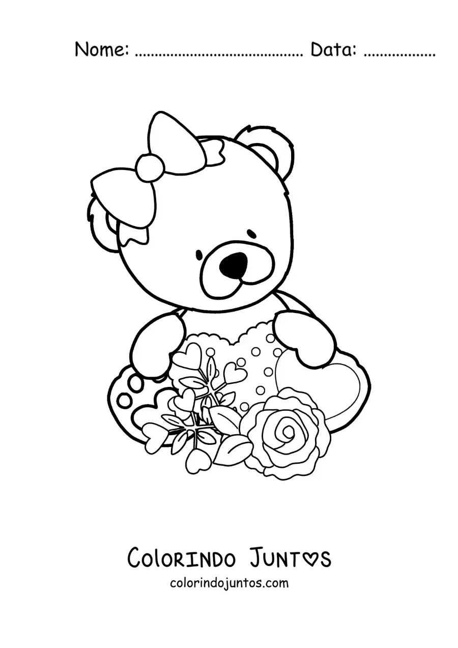 Desenho para colorir de ursinha de pelúcia sentada com flores e corações