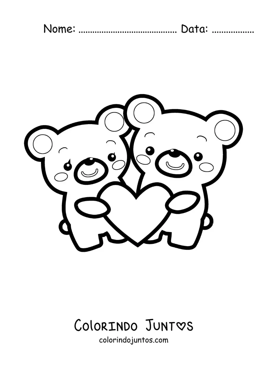 Desenho para colorir de casal de ursos animados com um coração