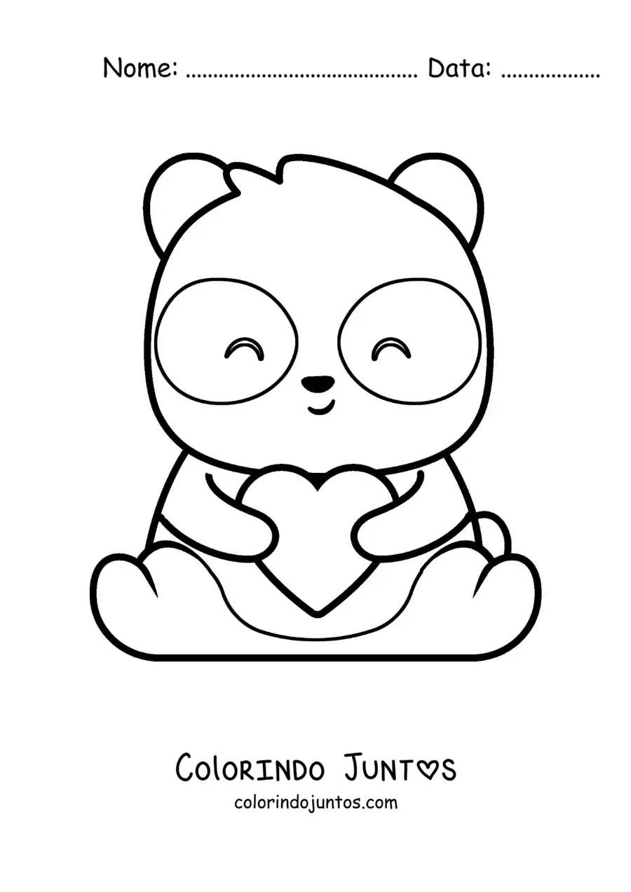 Desenho para colorir de urso panda kawaii sentado com um coração