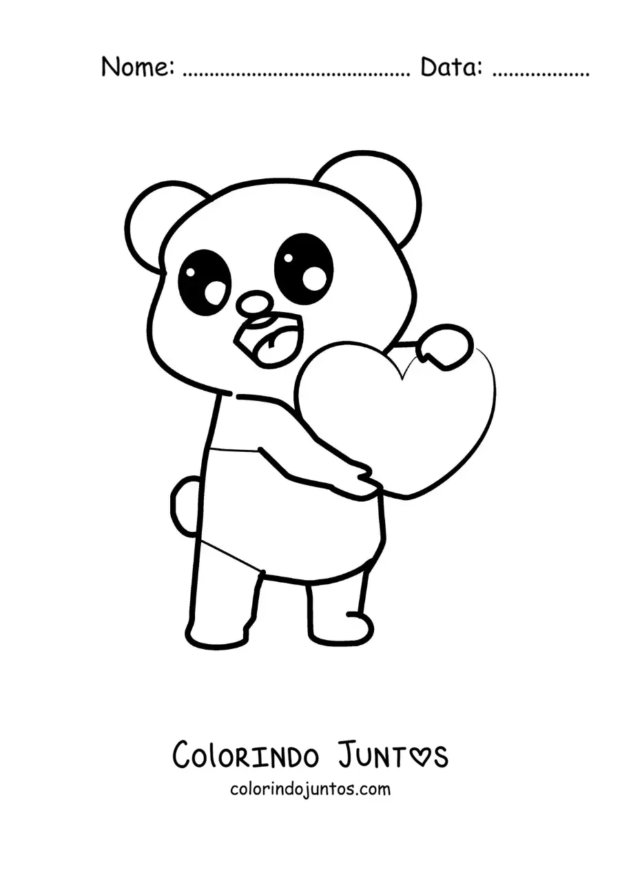 Desenho para colorir de urso kawaii segurando um coração