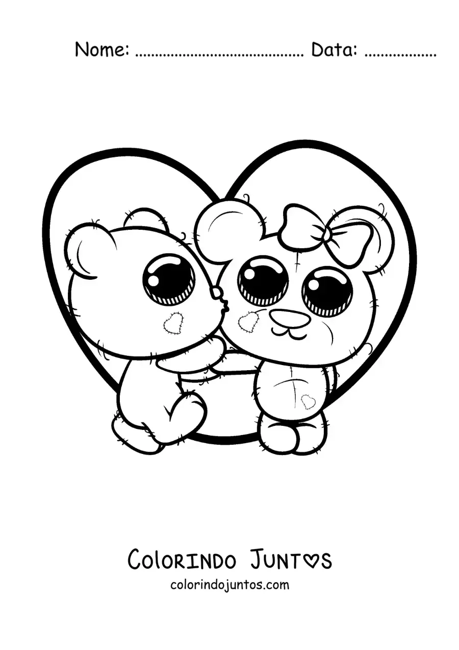 Desenho para colorir de ursinhos kawaii de pelúcia apaixonados com um coração grande