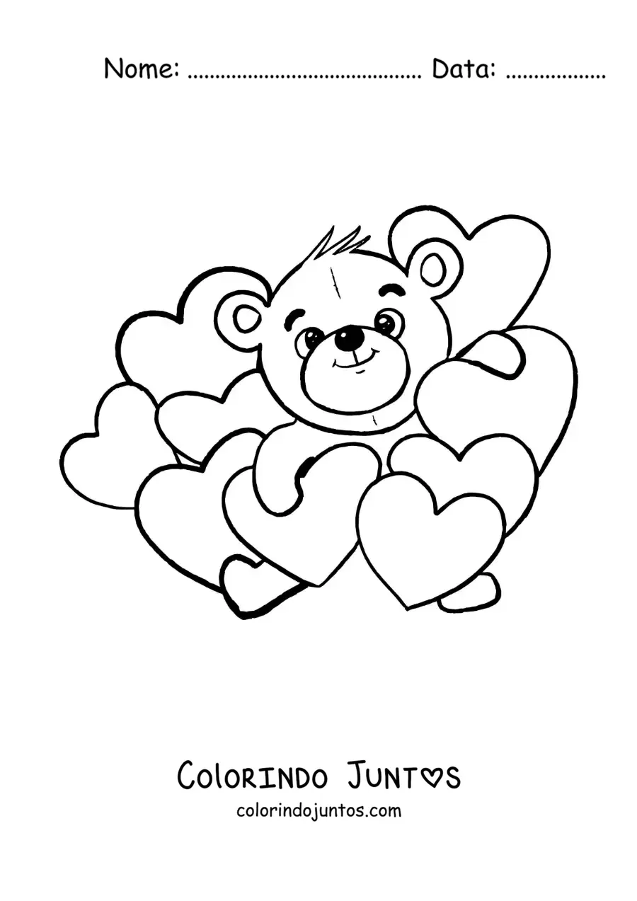 Desenho para colorir de ursinho rodeado de corações