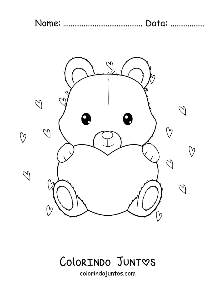 Desenho para colorir de urso carinhoso sentado com um coração grande