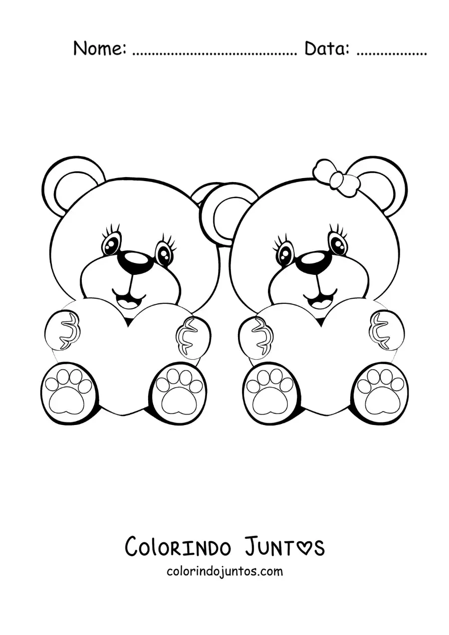 Desenho para colorir de casal de ursos apaixonados sentados com corações