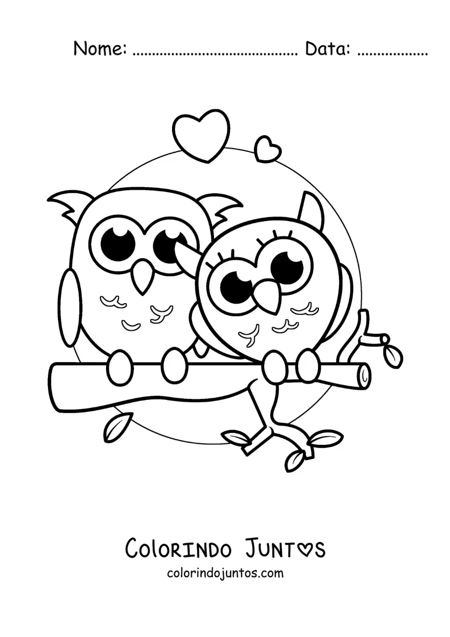 Desenho para colorir de casal de corujas kawaii apaixonadas
