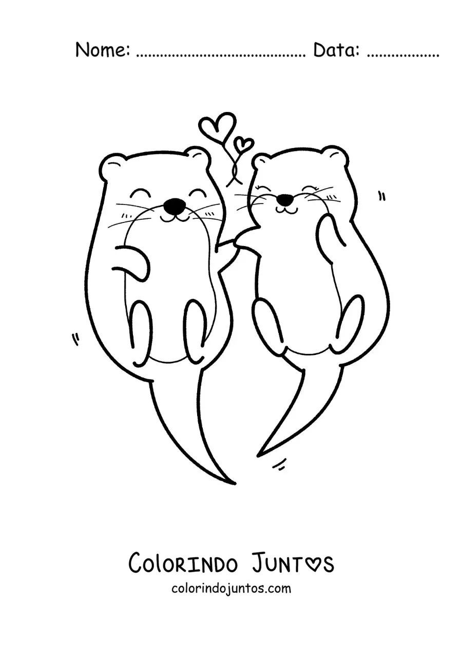 Desenho para colorir de casal de lontras kawaii apaixonadas